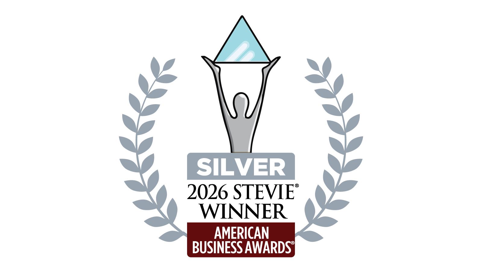 Silver trophy raised by a gray figure, blue crystal top, flanked by gray laurel branches; includes 'SILVER' and '2026 Stevie Winner' with 'American Business Awards' label.