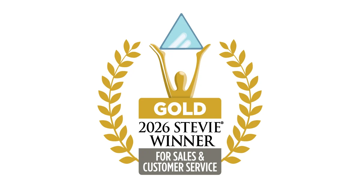 Gold Stevie Award 2026 logo with laurel wreath and hands lifting a blue triangle, reading 'GOLD' and '2026 Stevie Winner for Sales & Customer Service'