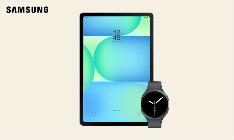 Samsung tablet with a matching smartwatch on a pale beige background, showcasing colorful screen wallpapers and the Samsung logo in the corner.