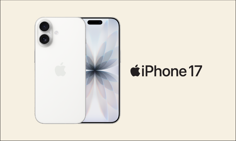 Two white iPhone 17s shown from the back and front with dual cameras on the left, and the 'iPhone 17' branding on a beige background.
