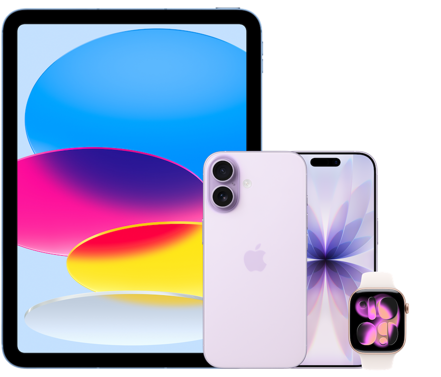 Collage of Apple devices: a large tablet, a lavender iPhone, and an Apple Watch in front.