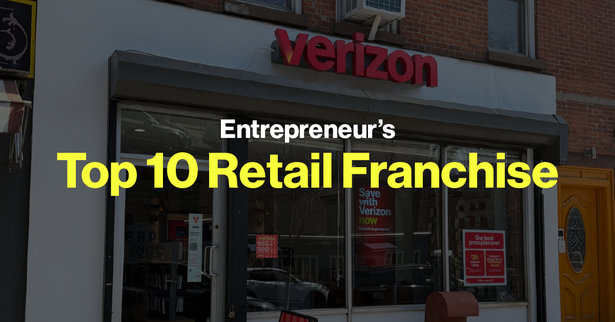 Storefront with a red Verizon sign and large yellow headline reading 'Top 10 Retail Franchise' overlaid on glass doors (article hero image).