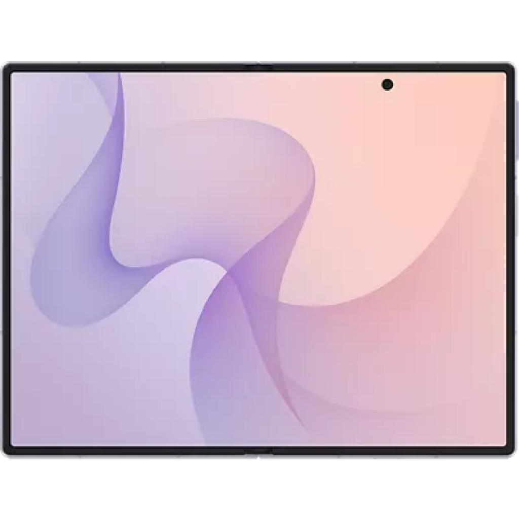 Close-up of a tablet displaying pastel pink–purple abstract wallpaper, with a small front camera dot near the top edge.