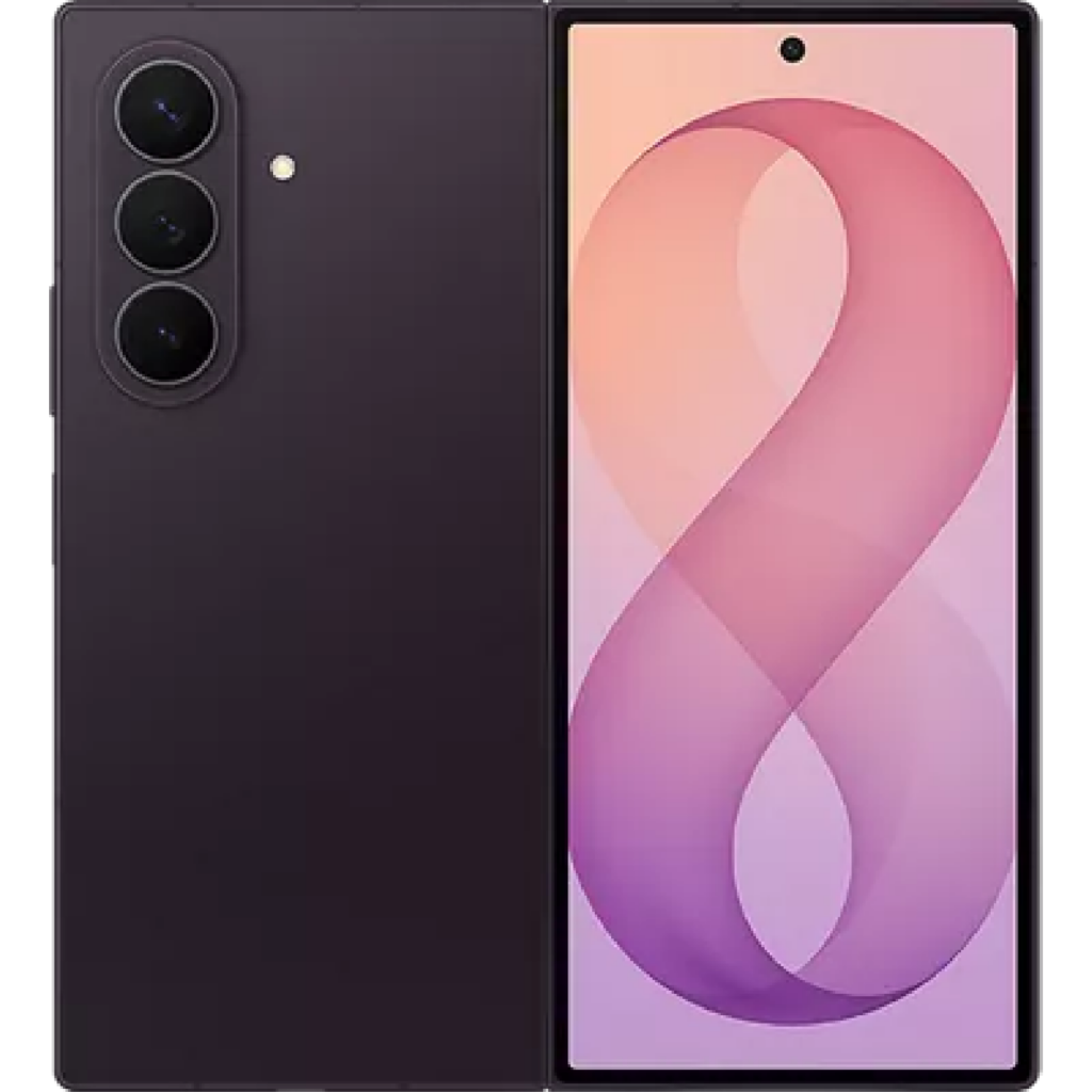 Foldable smartphone showing a pink abstract wallpaper on the inner screen, with a dark back and a vertical triple-camera module on the left side.