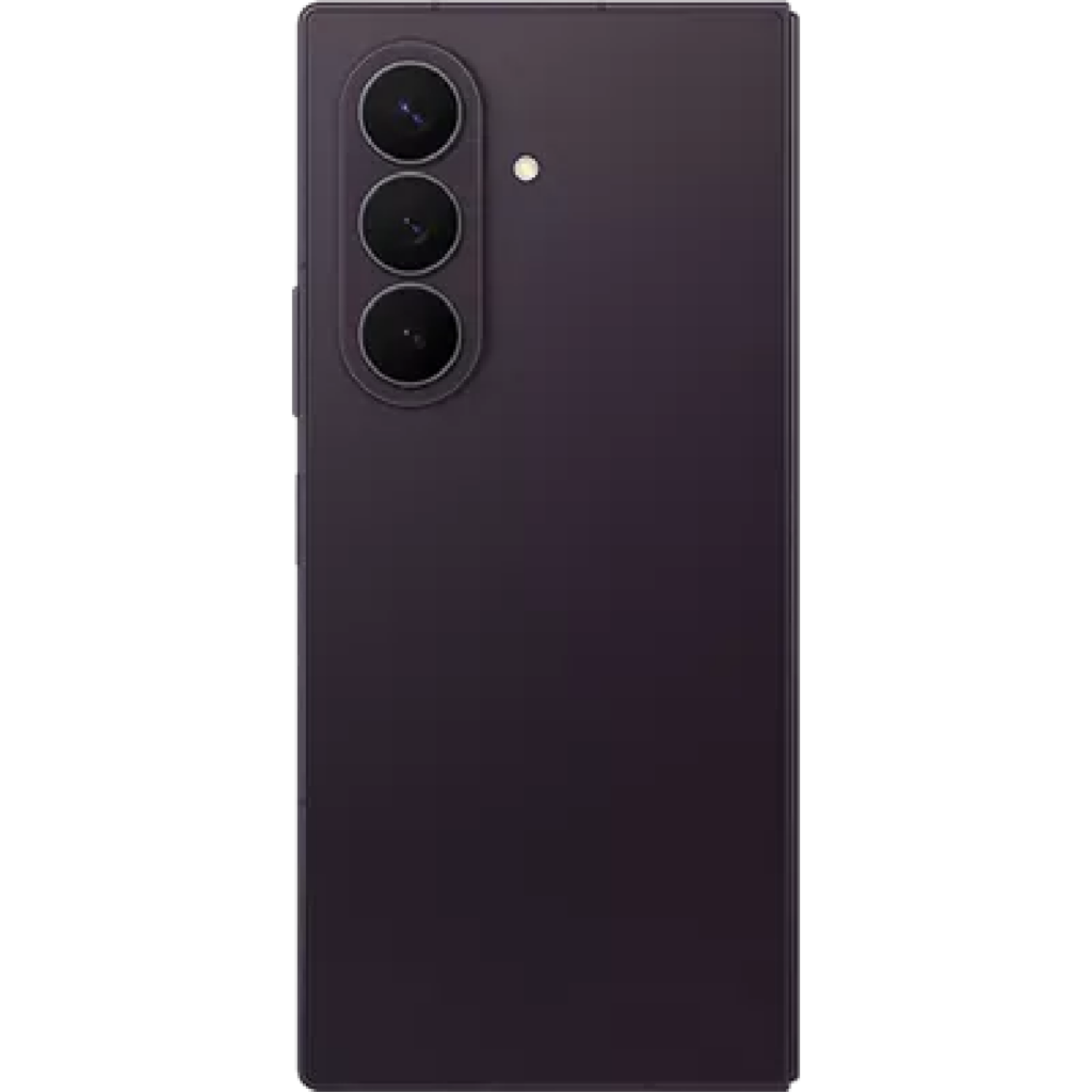 Back of a dark purple smartphone showing a triple camera module on the left with a small flash nearby