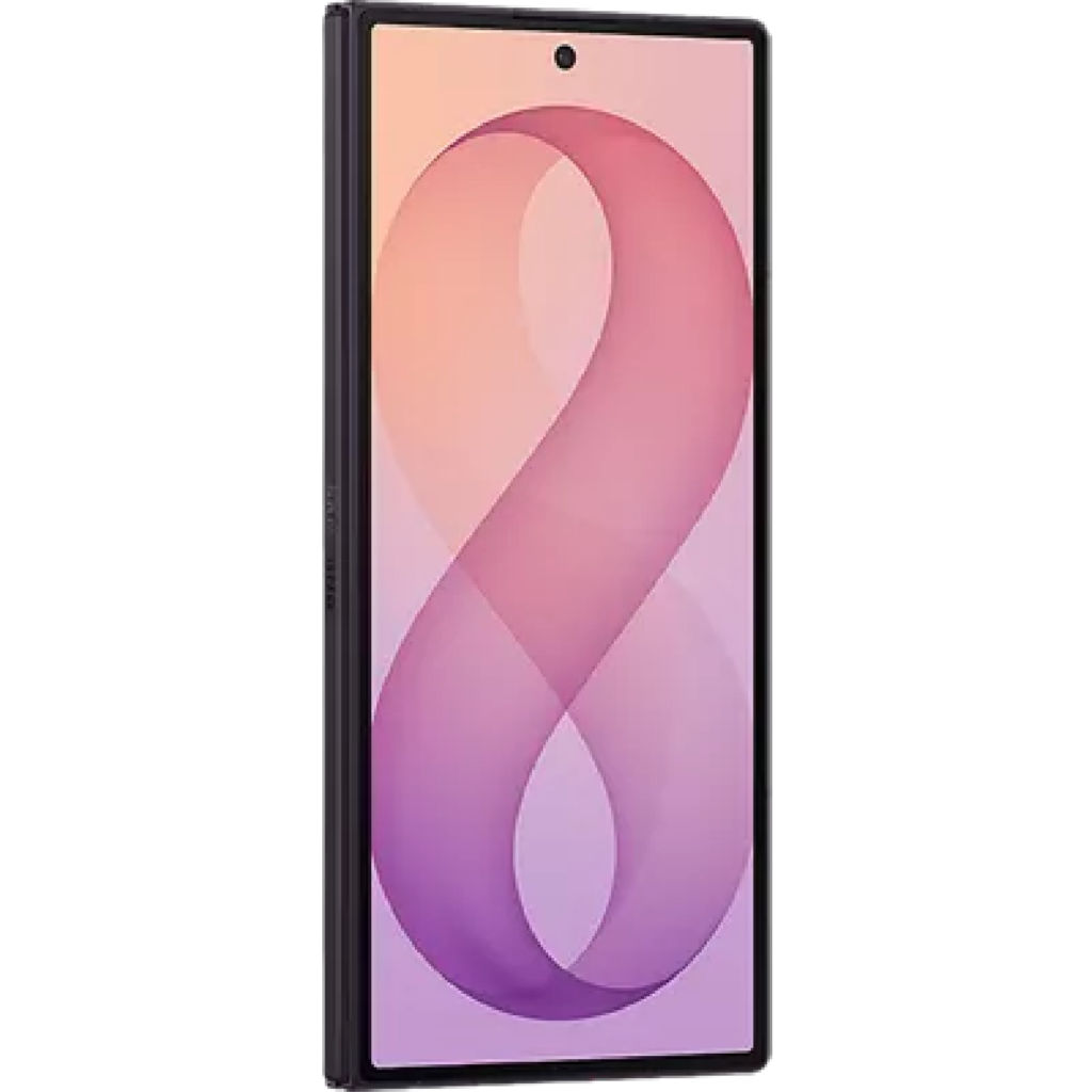 Front view of a tall smartphone with a pink gradient abstract wallpaper on the screen, black bezel visible.