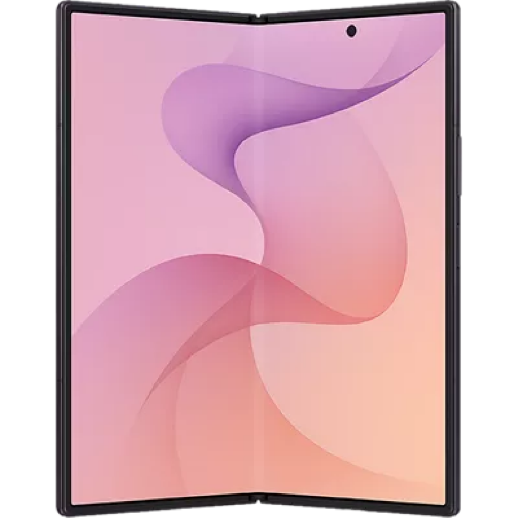 Smartphone with a pink abstract wallpaper on its curved display edge to edge frame.
