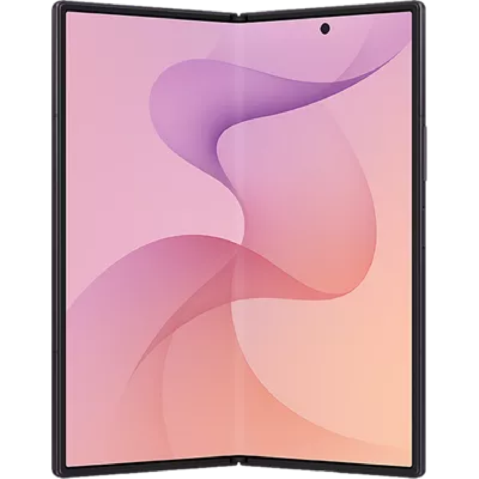 Smartphone with a pink abstract wallpaper on its curved display edge to edge frame.