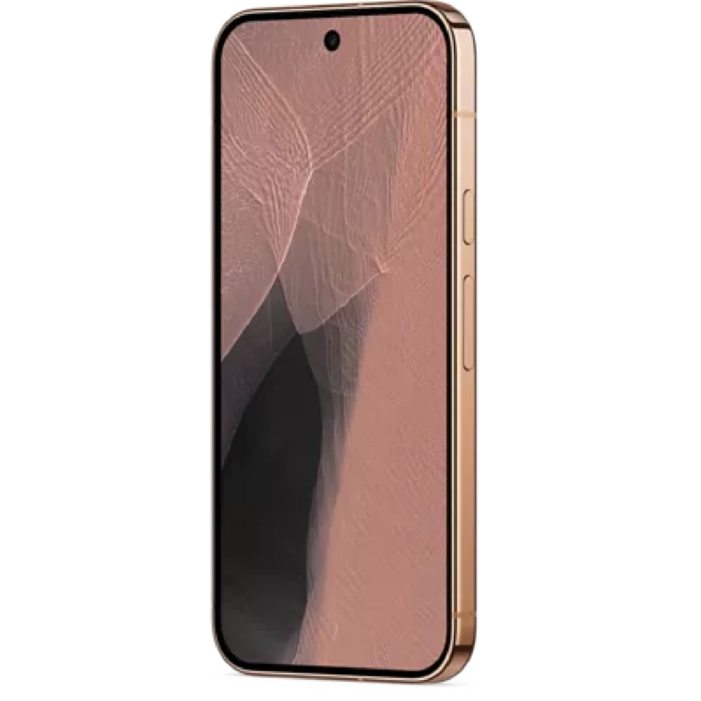 Rose-gold smartphone with a heavily cracked screen and a front camera notch at the top.