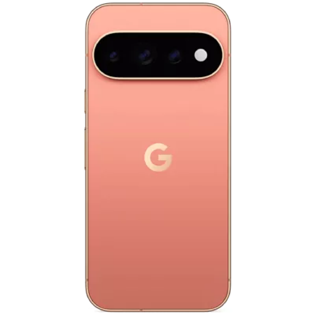 Back view of a pink Google smartphone with a wide black horizontal camera bar housing multiple lenses and a circular flash, plus a pale Google 'G' logo near the bottom.